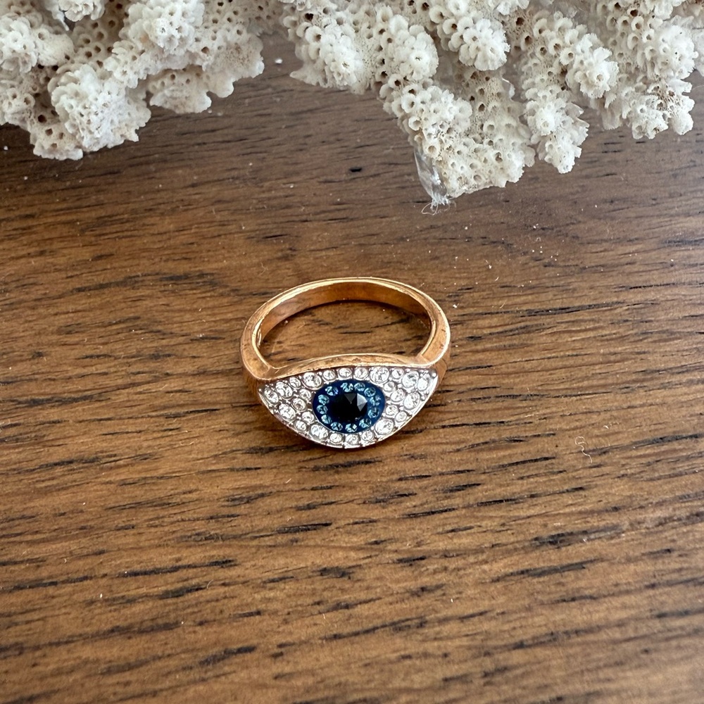 Swarovski Rose Gold Ring with Blue and Silver Evil Eye Design